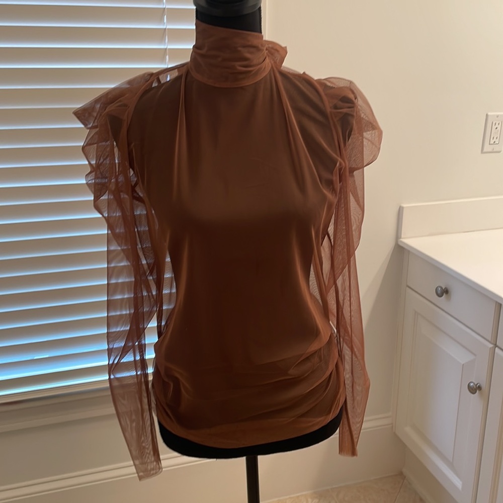 Dorothee Schumacher Blouse Sheer Puff Gathered Sleeves Top Orange Small